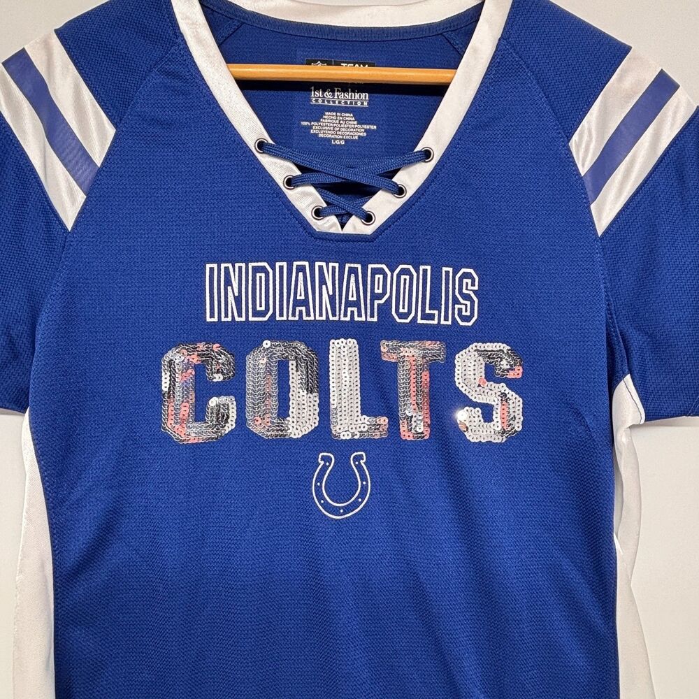 Indianapolis Colts NFL Team Apparel Women's Blue Short Sleeve Sequin Jersey Lg - Picture 3 of 4